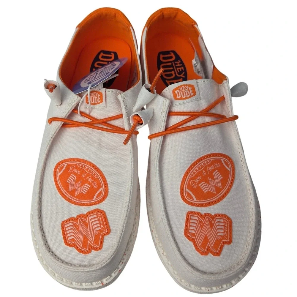 Hey Dude Wendy Whataburger Shoes Women 7 White Orange Slip On Canvas Loafers NEW